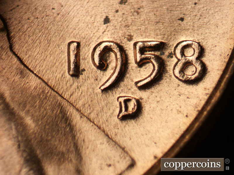 Die-stage B marker on 1958D•1MM•100 (1958 Repunched Mint Mark).
