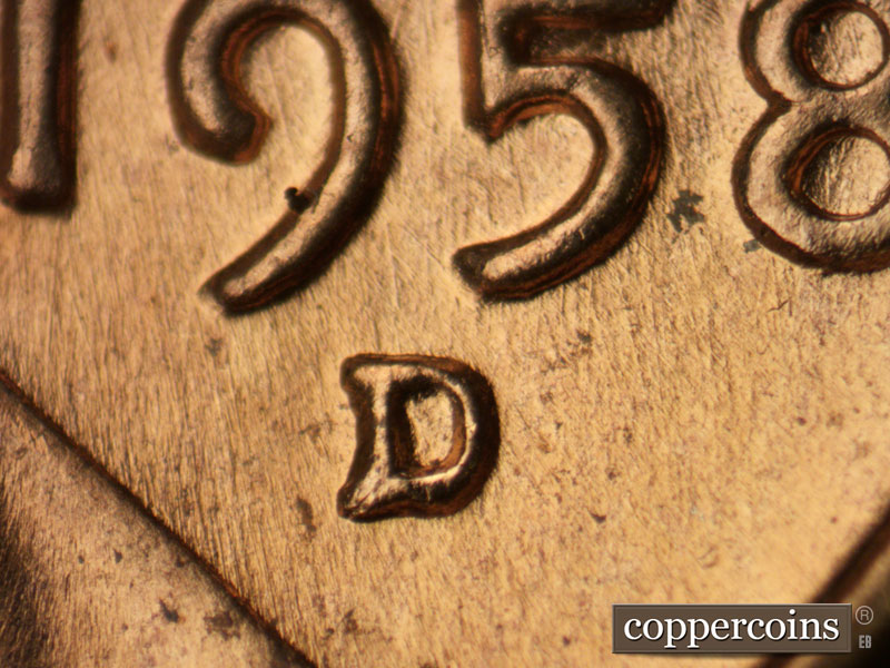 Die-stage A marker on 1958D•1MM•103 (1958 Repunched Mint Mark).