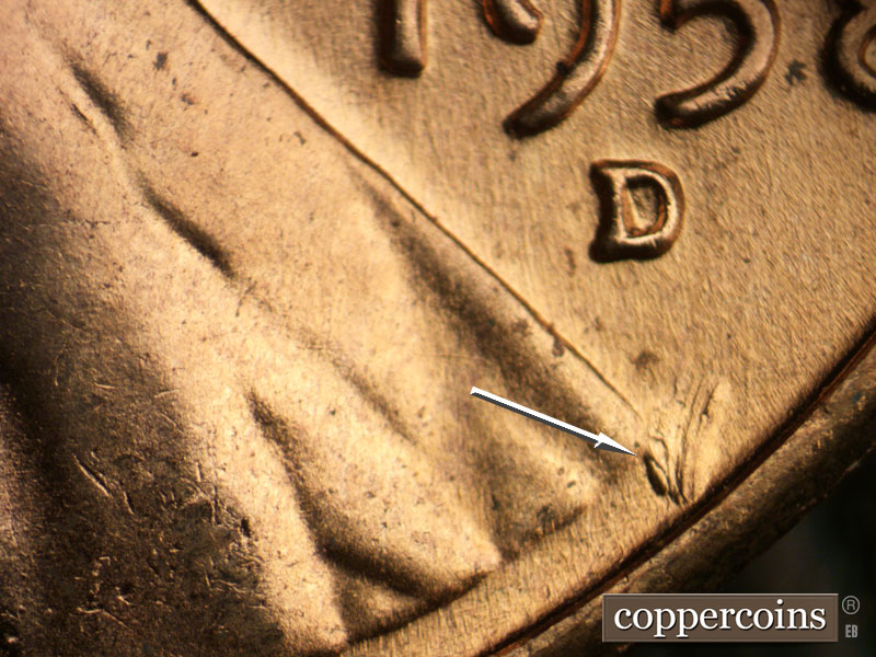 Die-stage A marker on 1958D•1MM•103 (1958 Repunched Mint Mark).