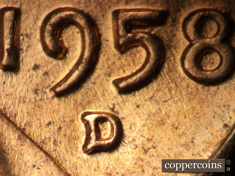 1958 Lincoln cent obverse, CopperCoins die 1958D•1MM•104.