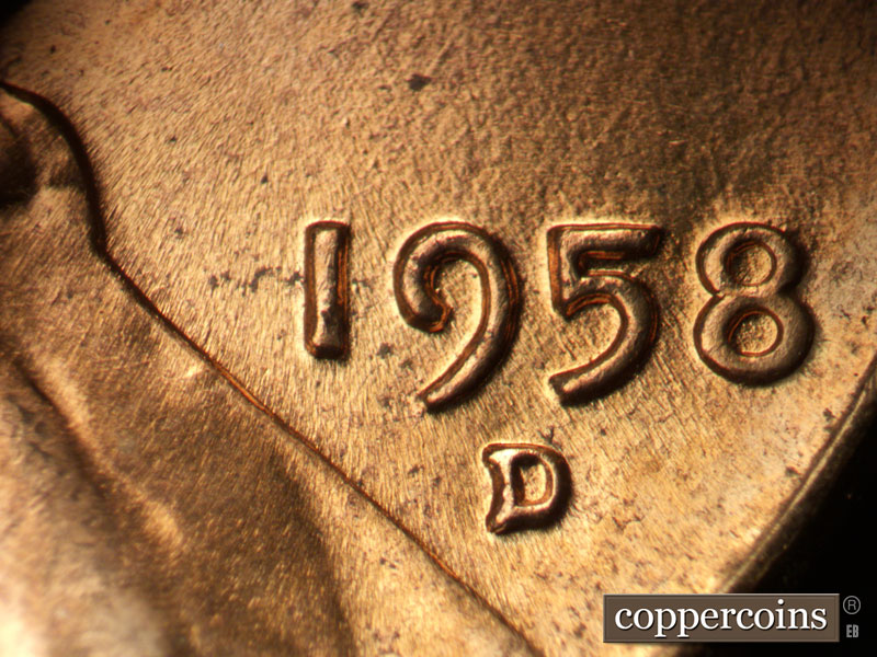 Die-stage B marker on 1958D•1MM•104 (1958 Repunched Mint Mark).