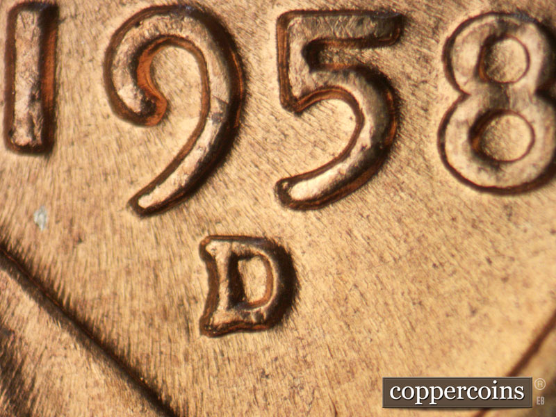 1958 Lincoln cent obverse, CopperCoins die 1958D•1MM•105.