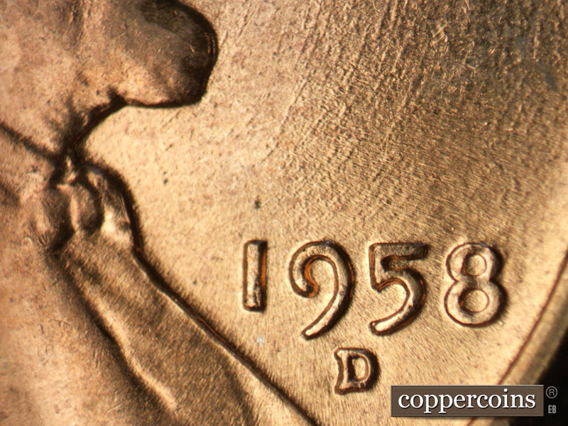 Die-stage B marker on 1958D•1MM•105 (1958 Repunched Mint Mark).