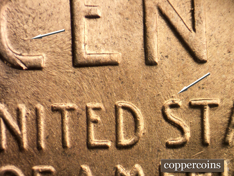 Die-stage B marker on 1958D•1MM•105 (1958 Repunched Mint Mark).