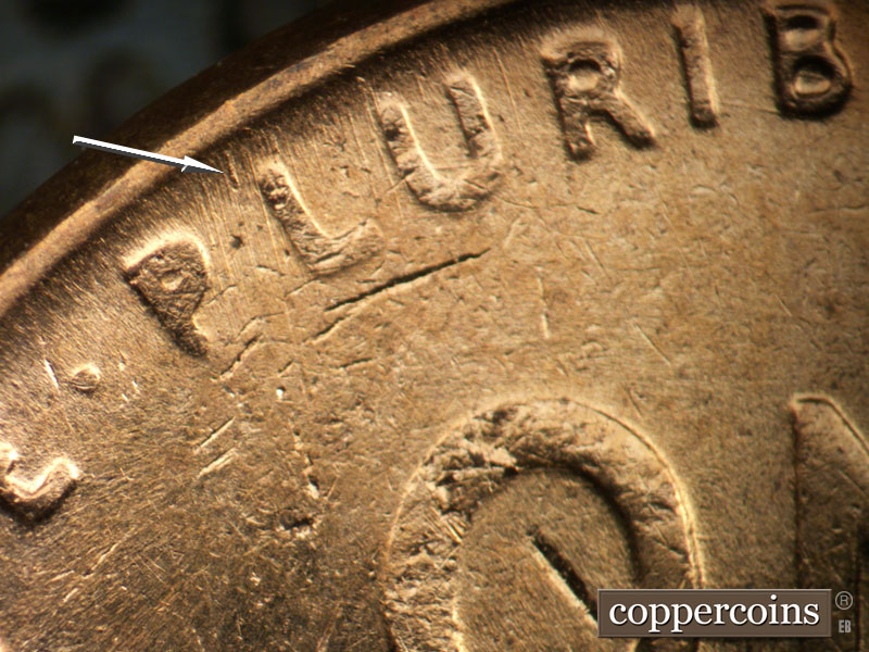 Die-stage B marker on 1958D•1MM•110 (1958 Repunched Mint Mark).