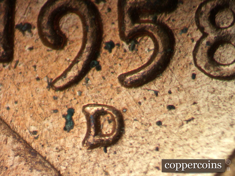 1958 Lincoln cent obverse, CopperCoins die 1958D•1MM•111.