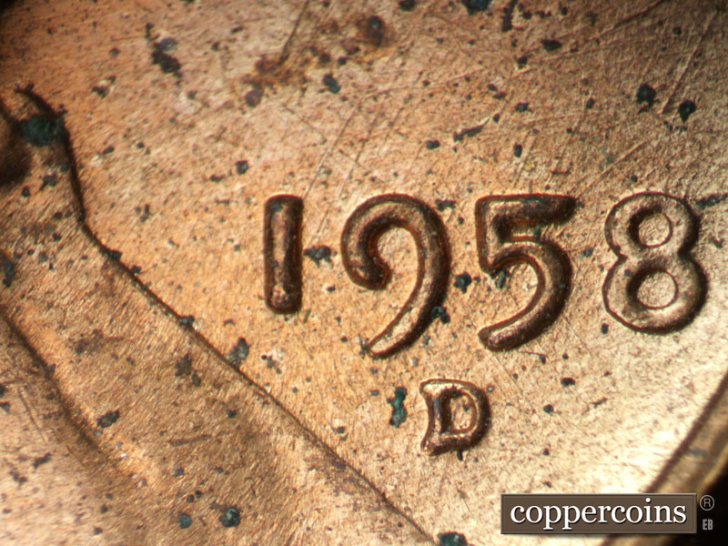 Die-stage B marker on 1958D•1MM•111 (1958 Repunched Mint Mark).