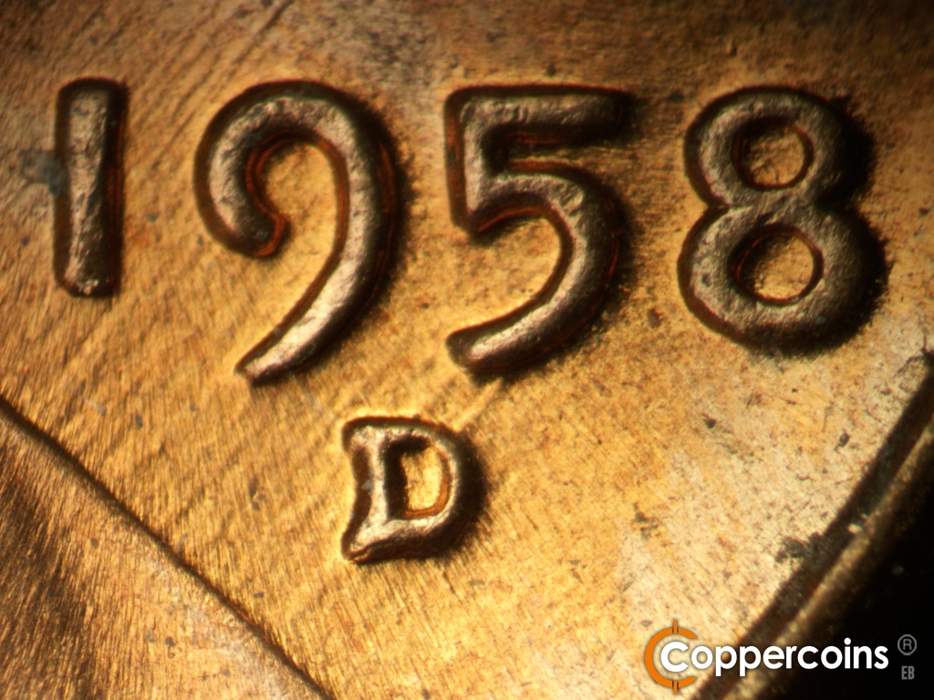 Die-stage B marker on 1958D•1MM•116 showing Closeup of repunched mint mark.