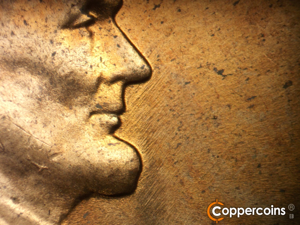 Die-stage B marker on 1958D•1MM•116 showing NE die scratches from mouth and chin.
