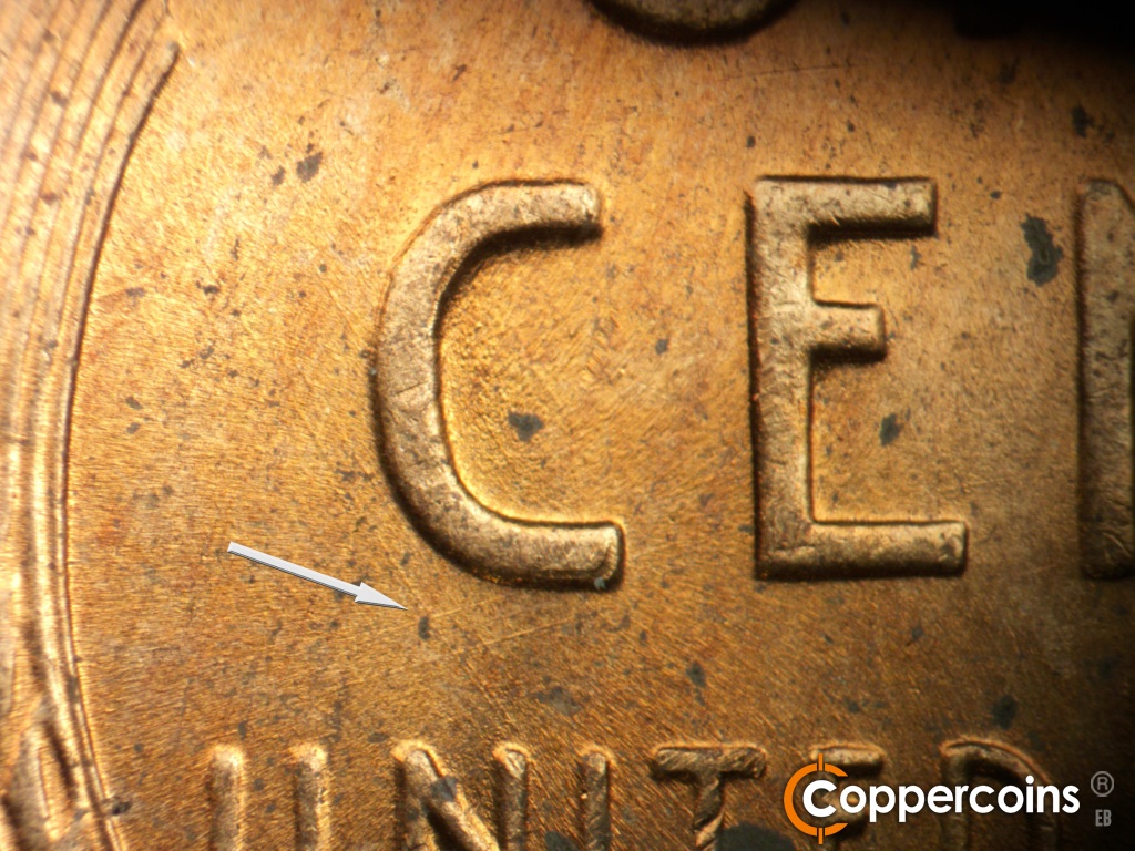 Die-stage B marker on 1958D•1MM•116 showing Crossing die scratches just under C in CENT.