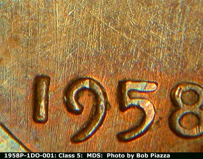 Die-stage B marker on 1958P•1DO•001 (1958 Doubled Die Obverse).