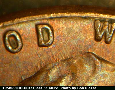Die-stage B marker on 1958P•1DO•001 (1958 Doubled Die Obverse).