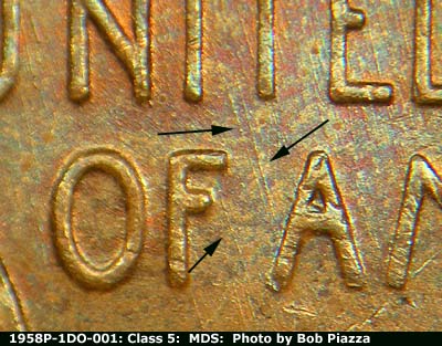 Die-stage B marker on 1958P•1DO•001 (1958 Doubled Die Obverse).