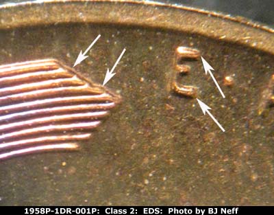 Die-stage A marker on 1958P•1DR•001P (1958 Doubled Die Reverse).
