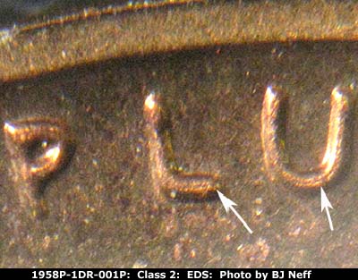 Die-stage A marker on 1958P•1DR•001P (1958 Doubled Die Reverse).