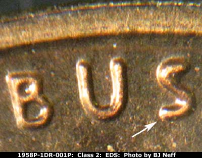 Die-stage A marker on 1958P•1DR•001P (1958 Doubled Die Reverse).