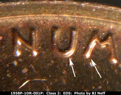 Die-stage A marker on 1958P•1DR•001P (1958 Doubled Die Reverse).