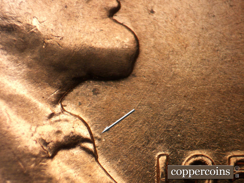 Die-stage A marker on 1959D•1DO•002 (1959 Doubled Die Obverse).