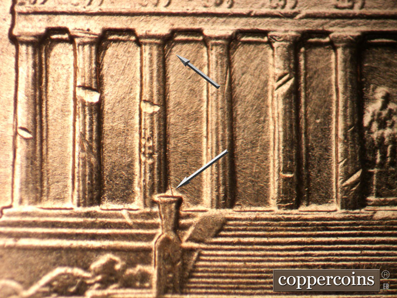Die-stage A marker on 1959D•1DO•002 (1959 Doubled Die Obverse).