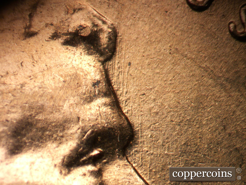 Die-stage B marker on 1959D•1DO•003 (1959 Doubled Die Obverse).
