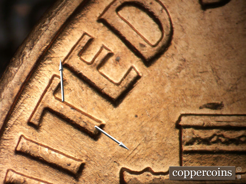 Die-stage B marker on 1959D•1DO•003 (1959 Doubled Die Obverse).