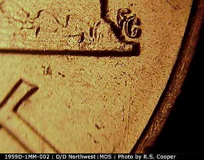 Die-stage B marker on 1959D•1MM•002 (1959 Repunched Mint Mark).