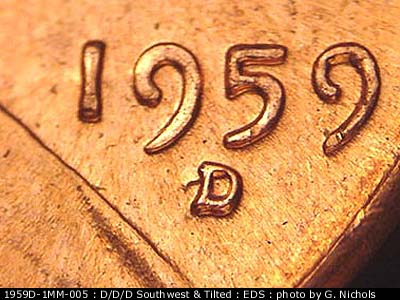 Die-stage A marker on 1959D•1MM•005 (1959 Repunched Mint Mark).