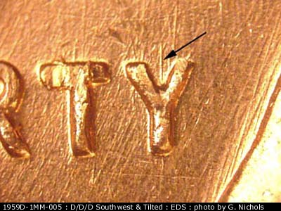 Die-stage A marker on 1959D•1MM•005 (1959 Repunched Mint Mark).