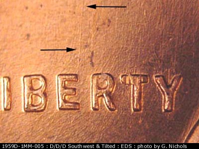 Die-stage A marker on 1959D•1MM•005 (1959 Repunched Mint Mark).