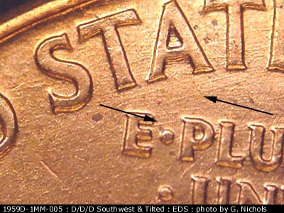 Die-stage A marker on 1959D•1MM•005 (1959 Repunched Mint Mark).