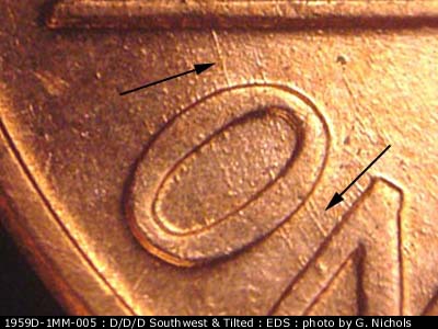 Die-stage A marker on 1959D•1MM•005 (1959 Repunched Mint Mark).