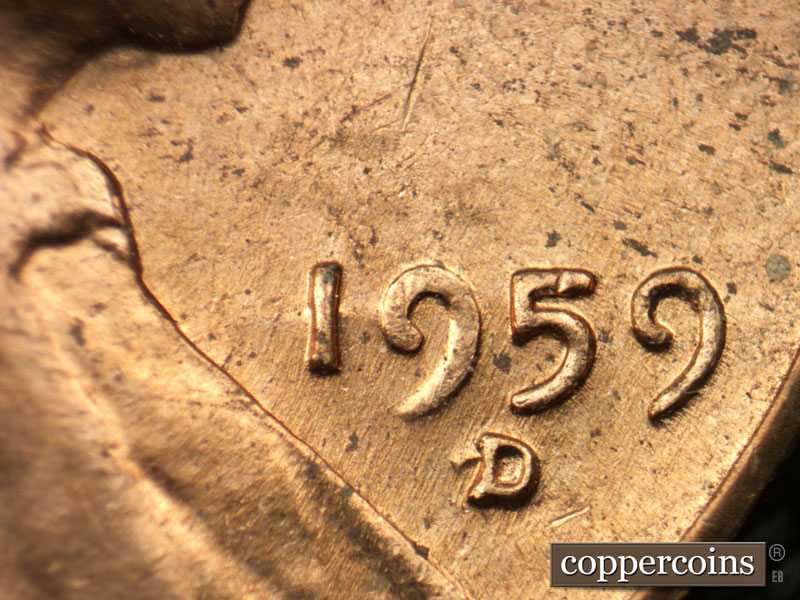 Die-stage B marker on 1959D•1MM•005 (1959 Repunched Mint Mark).