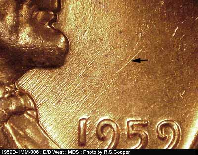 Die-stage B marker on 1959D•1MM•006 (1959 Repunched Mint Mark).