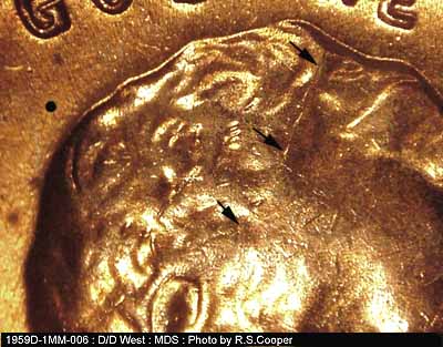 Die-stage B marker on 1959D•1MM•006 (1959 Repunched Mint Mark).