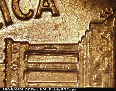 Die-stage B marker on 1959D•1MM•006 (1959 Repunched Mint Mark).