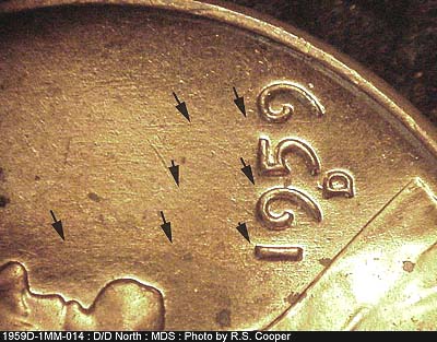 Die-stage B marker on 1959D•1MM•014 (1959 Repunched Mint Mark).