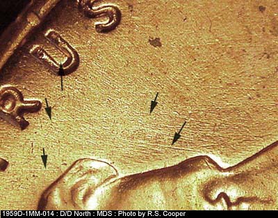 Die-stage B marker on 1959D•1MM•014 (1959 Repunched Mint Mark).