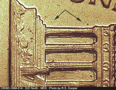 Die-stage B marker on 1959D•1MM•014 (1959 Repunched Mint Mark).