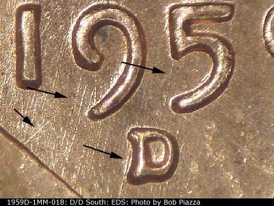 Die-stage A marker on 1959D•1MM•018 (1959 Repunched Mint Mark).