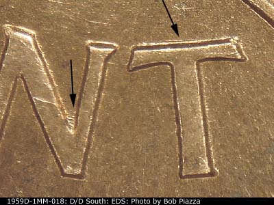 Die-stage A marker on 1959D•1MM•018 (1959 Repunched Mint Mark).