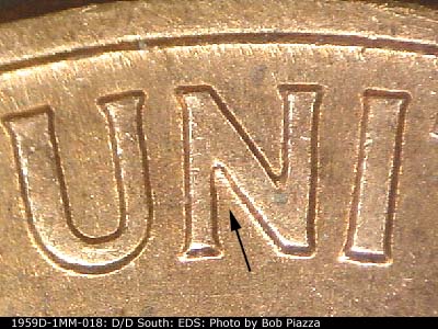 Die-stage A marker on 1959D•1MM•018 (1959 Repunched Mint Mark).
