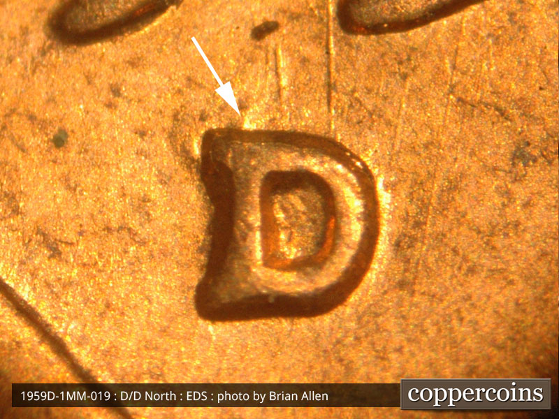 Die-stage A marker on 1959D•1MM•019 (1959 Repunched Mint Mark).