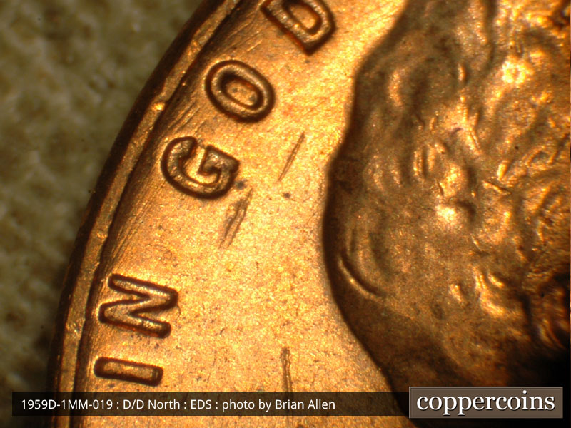 Die-stage A marker on 1959D•1MM•019 (1959 Repunched Mint Mark).