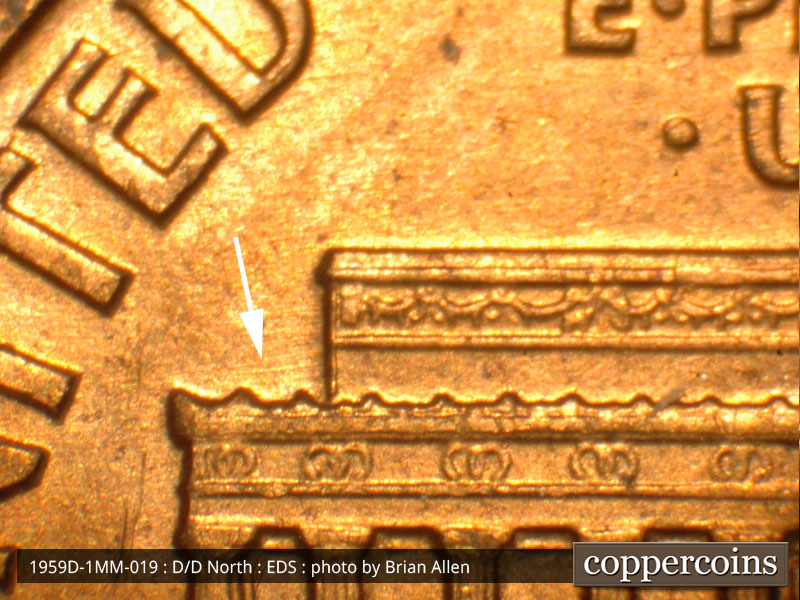 Die-stage A marker on 1959D•1MM•019 (1959 Repunched Mint Mark).