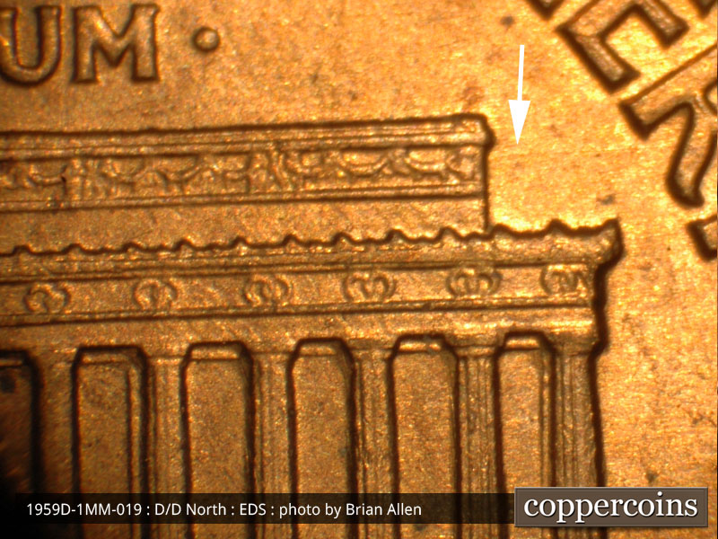 Die-stage A marker on 1959D•1MM•019 (1959 Repunched Mint Mark).