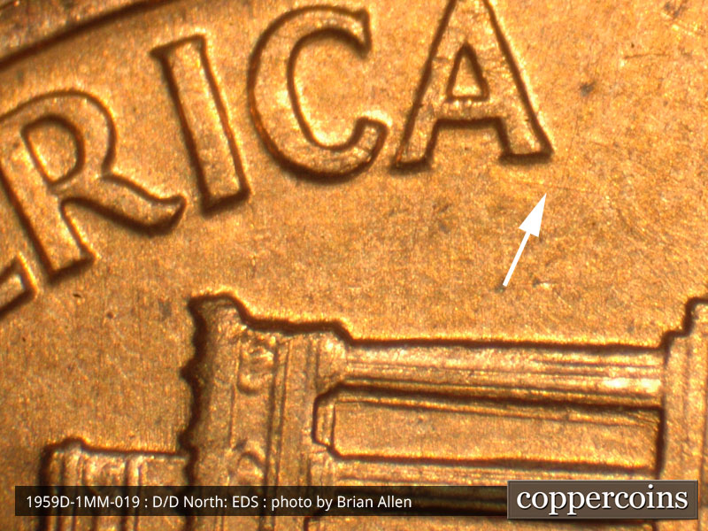 Die-stage A marker on 1959D•1MM•019 (1959 Repunched Mint Mark).