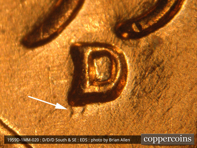 Die-stage A marker on 1959D•1MM•020 (1959 Repunched Mint Mark).
