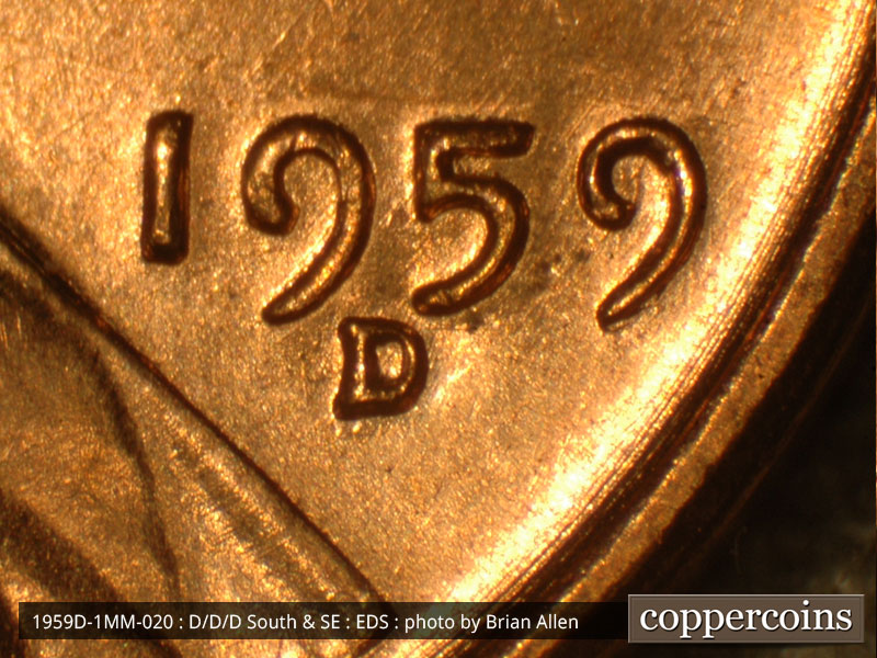 Die-stage A marker on 1959D•1MM•020 (1959 Repunched Mint Mark).