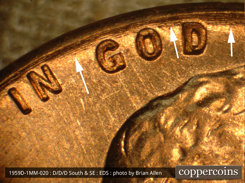 Die-stage A marker on 1959D•1MM•020 (1959 Repunched Mint Mark).