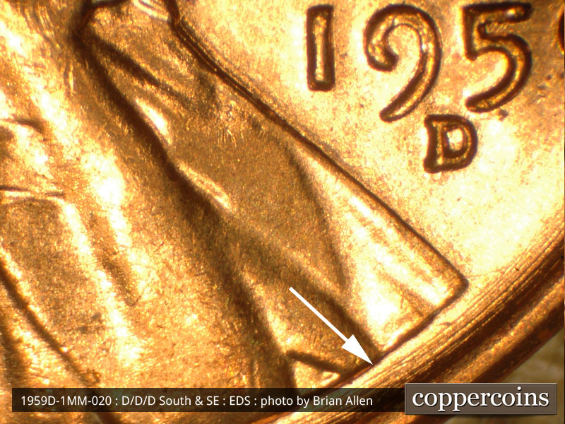 Die-stage A marker on 1959D•1MM•020 (1959 Repunched Mint Mark).